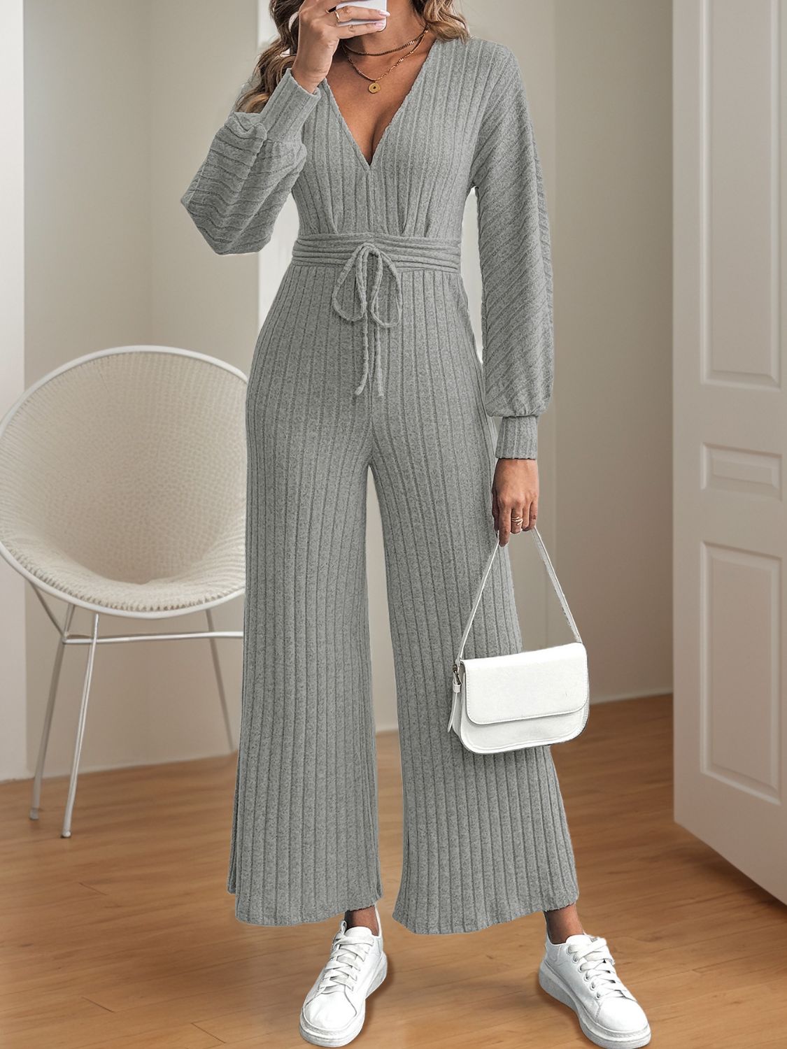 V-Neck Long Sleeve Wide Leg Jumpsuit  Trendsi   