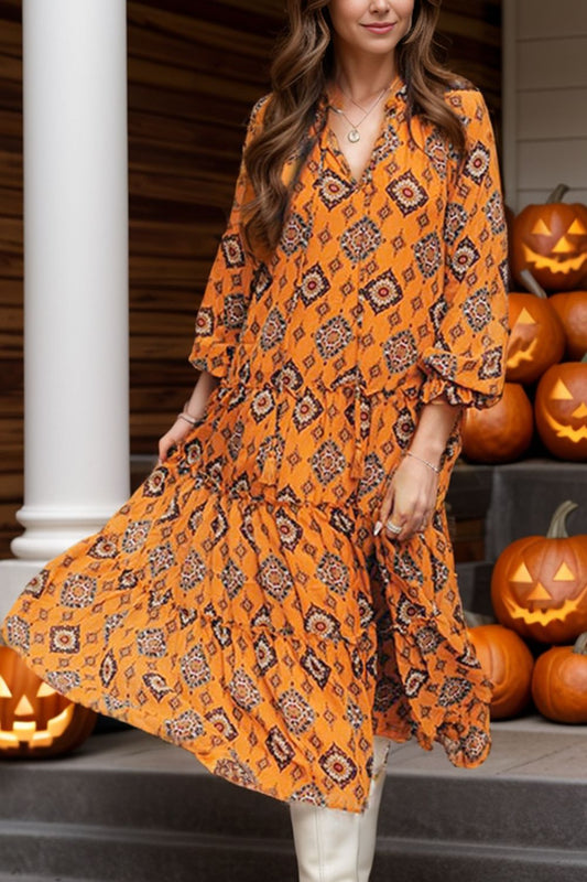 Frill Printed Tie Neck Long Sleeve Dress Dress Trendsi Orange S 