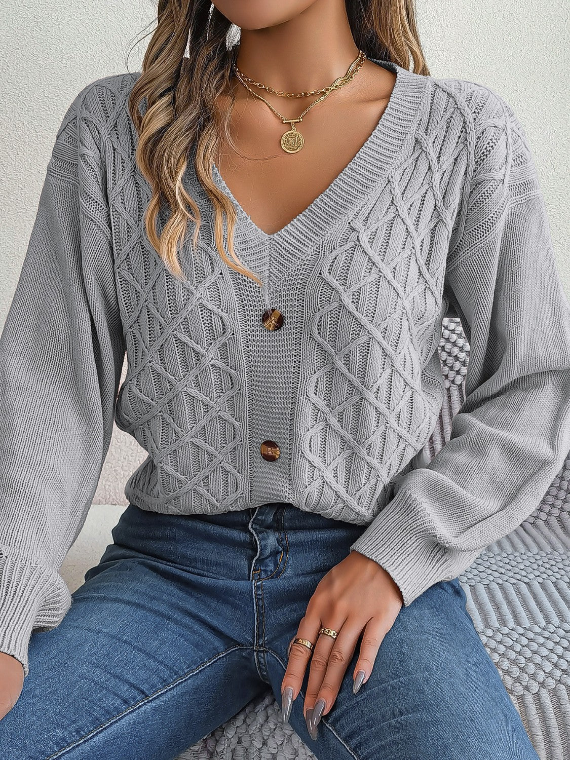 Cable-Knit V-Neck Lantern Sleeve Sweater  Trendsi   