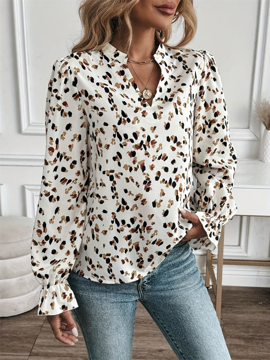 Printed Notched Flounce Sleeve Blouse Blouse Trendsi   