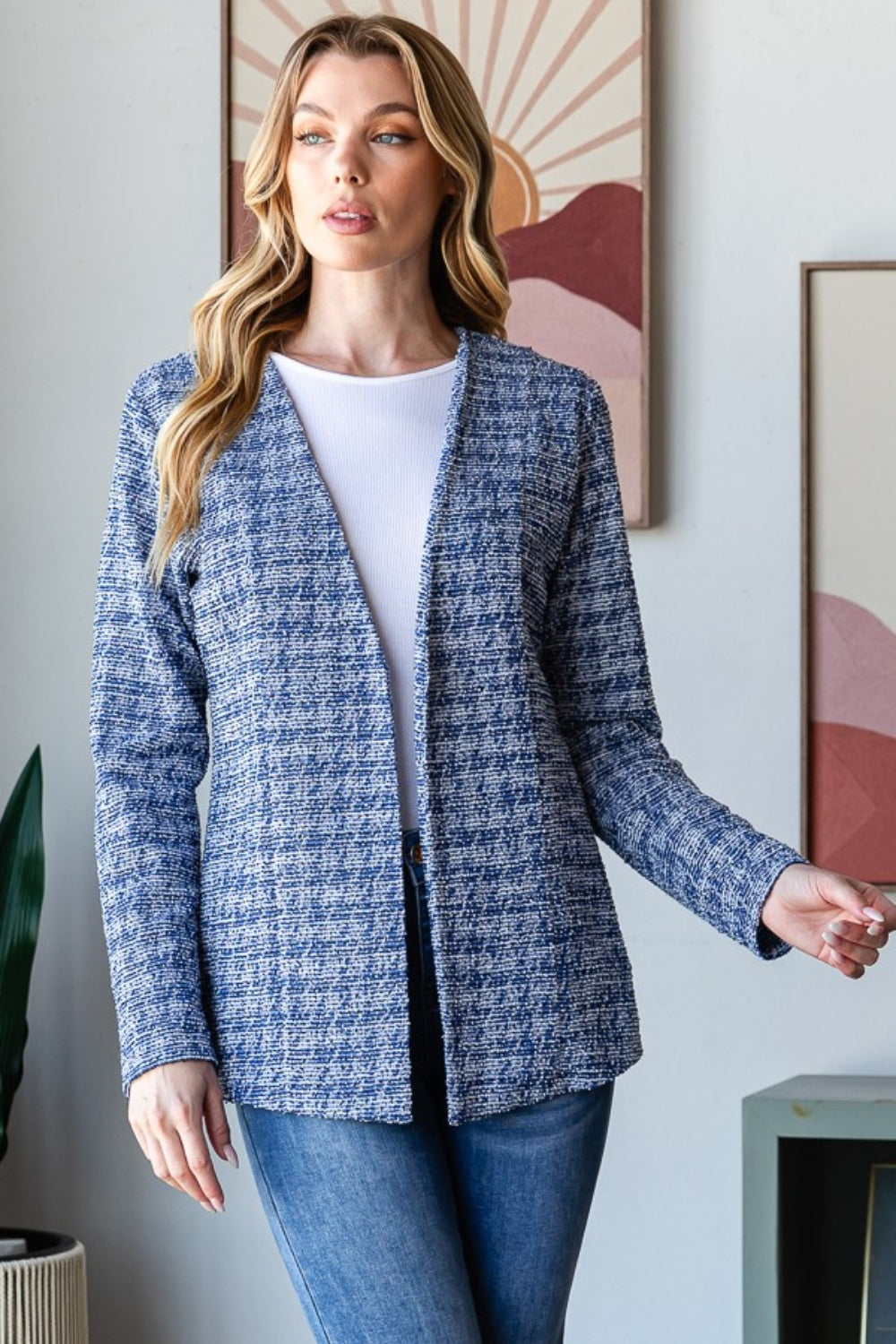 Heimish Full Size Houndstooth Tweed Open Front Blazer  Trendsi   