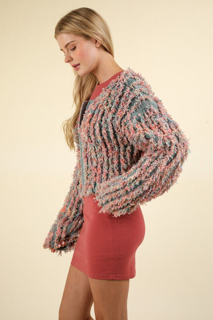 VERY J Shaggy Yarn Knit Zip Up Jacket Luxe Trendsi   