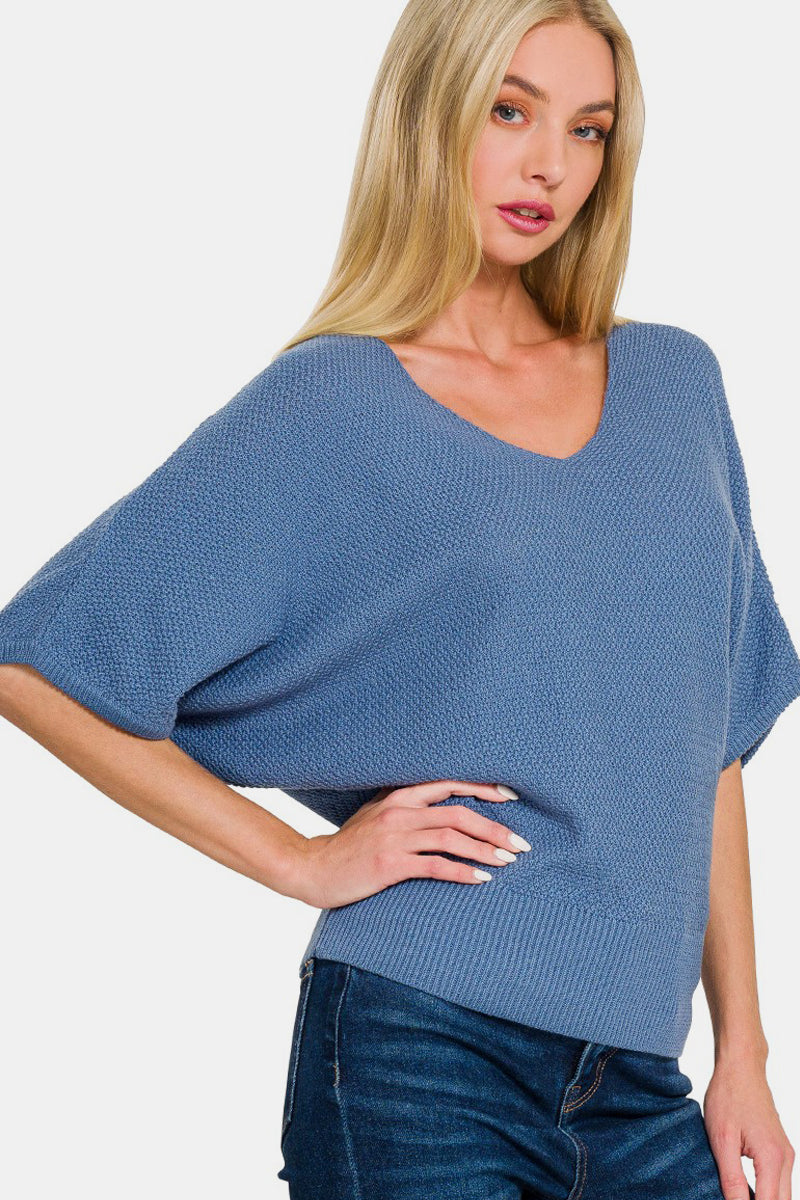 Zenana V-Neck Short Sleeve Dolman Sweater  Trendsi Dusty Blue S 