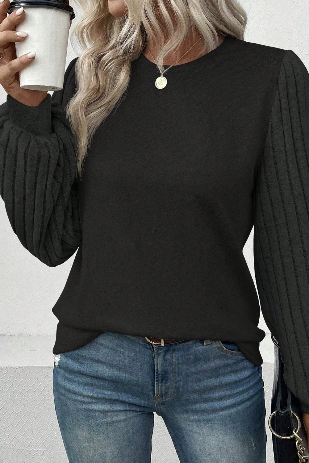 Ribbed Round Neck Long Sleeve Knit Top Blouse Trendsi   