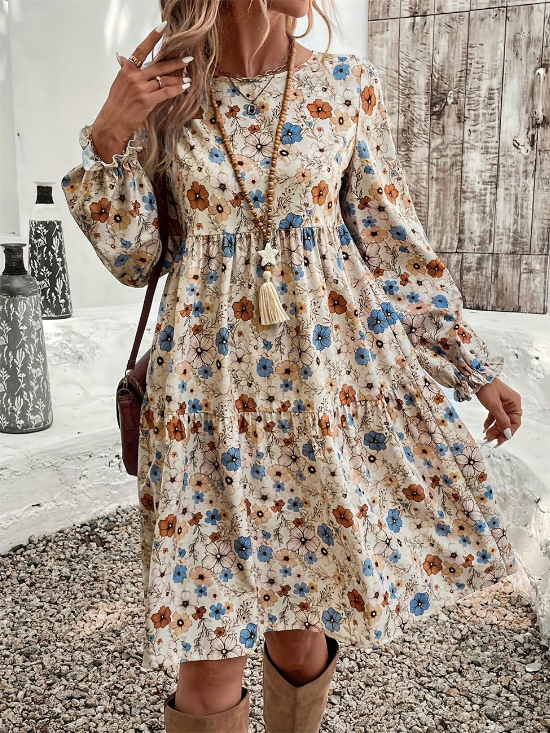 Ruffled Printed Round Neck Long Sleeve Dress  Trendsi   