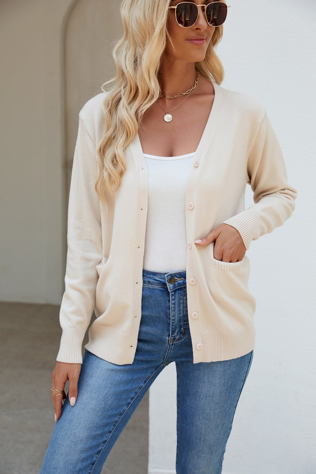 Pocketed V-Neck Button Up Long Sleeve Cardigan  Trendsi   