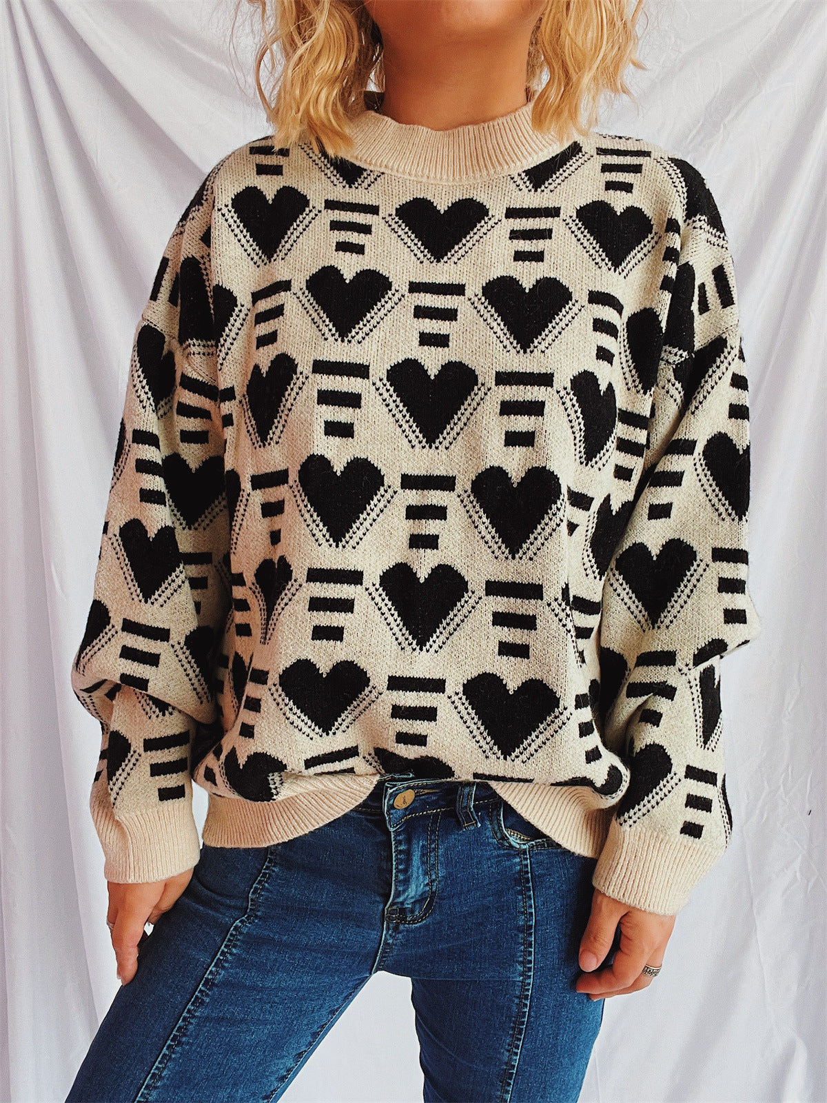 Heart Contrast Long Sleeve Dropped Shoulder Sweater  Trendsi   