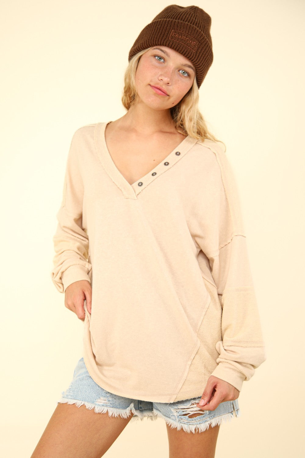 VERY J Washed V-Neck Exposed Seam Knit Top Luxe Trendsi Beige S 