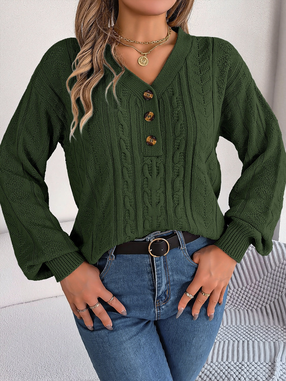 Cable-Knit V-Neck Long Sleeve Sweater  Trendsi Army Green S 