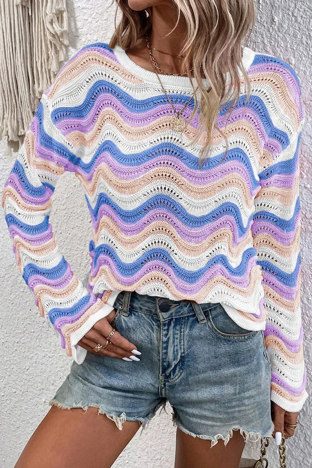 Contrast Wave Stripe Long Sleeve Sweater  Trendsi Lavender S 