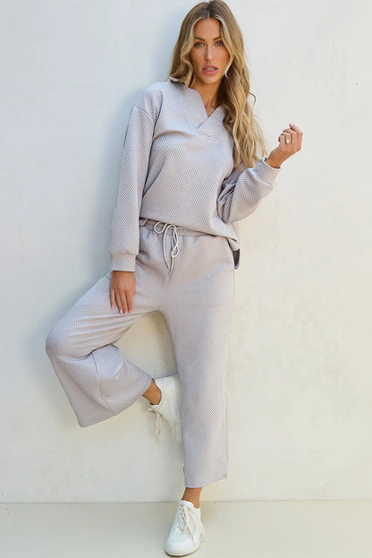 Textured Long Sleeve Top and Drawstring Pants Set  Trendsi   