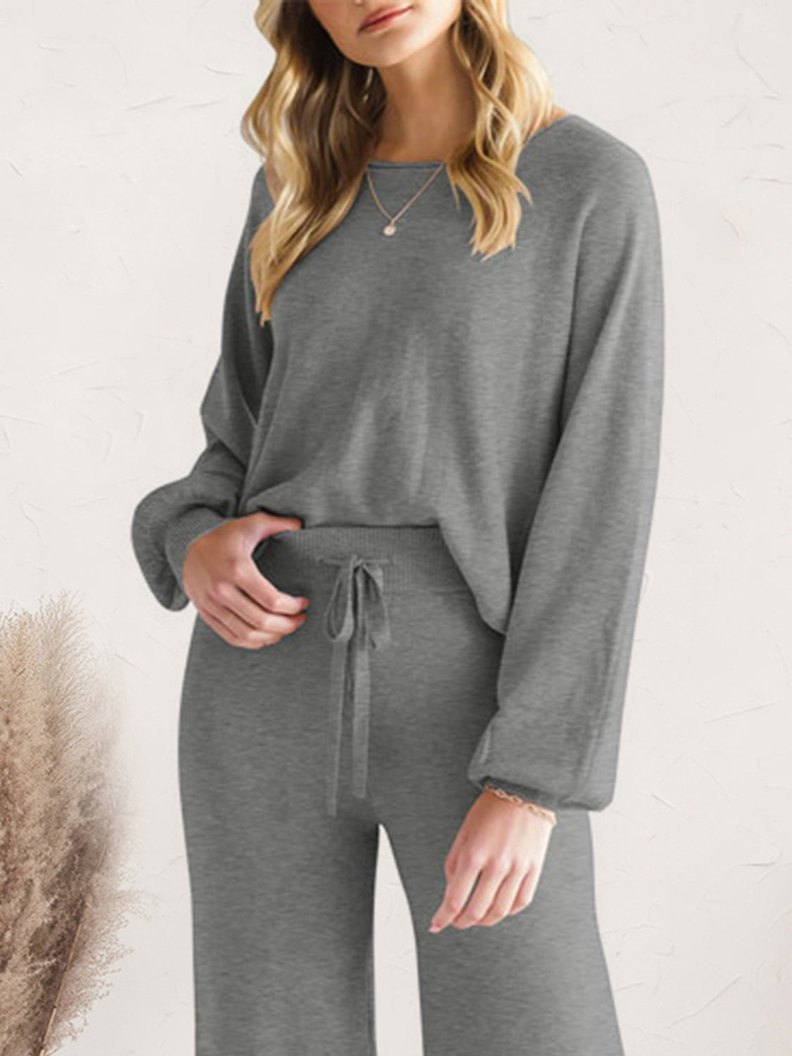 Long Sleeve Lounge Top and Drawstring Pants Set  Trendsi   