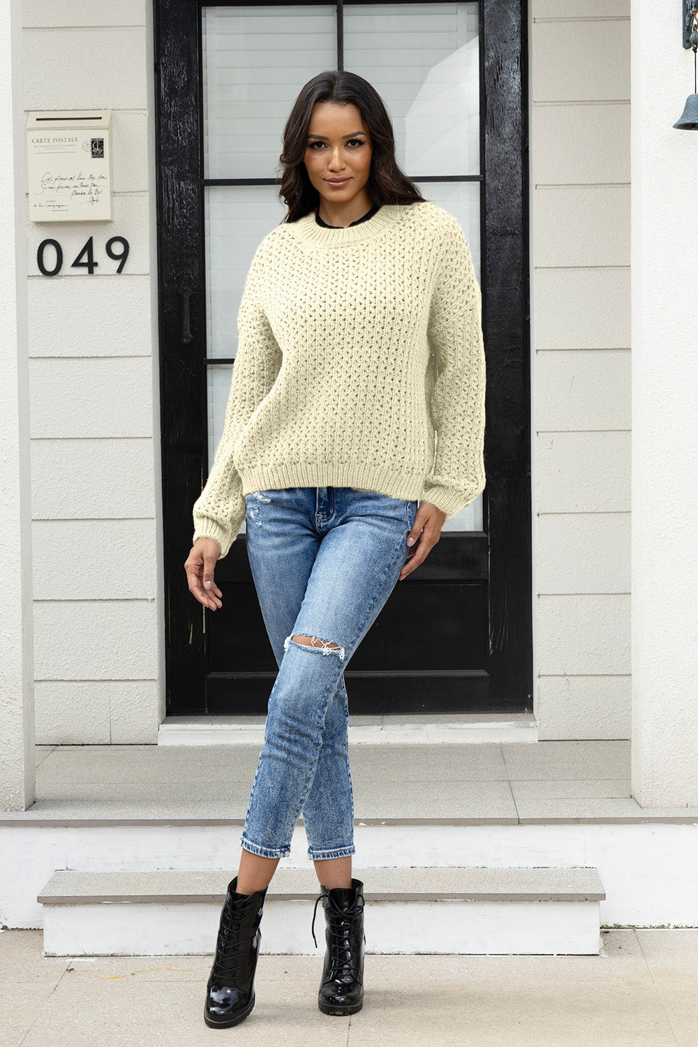 Round Neck Long Sleeve Sweater  Trendsi   