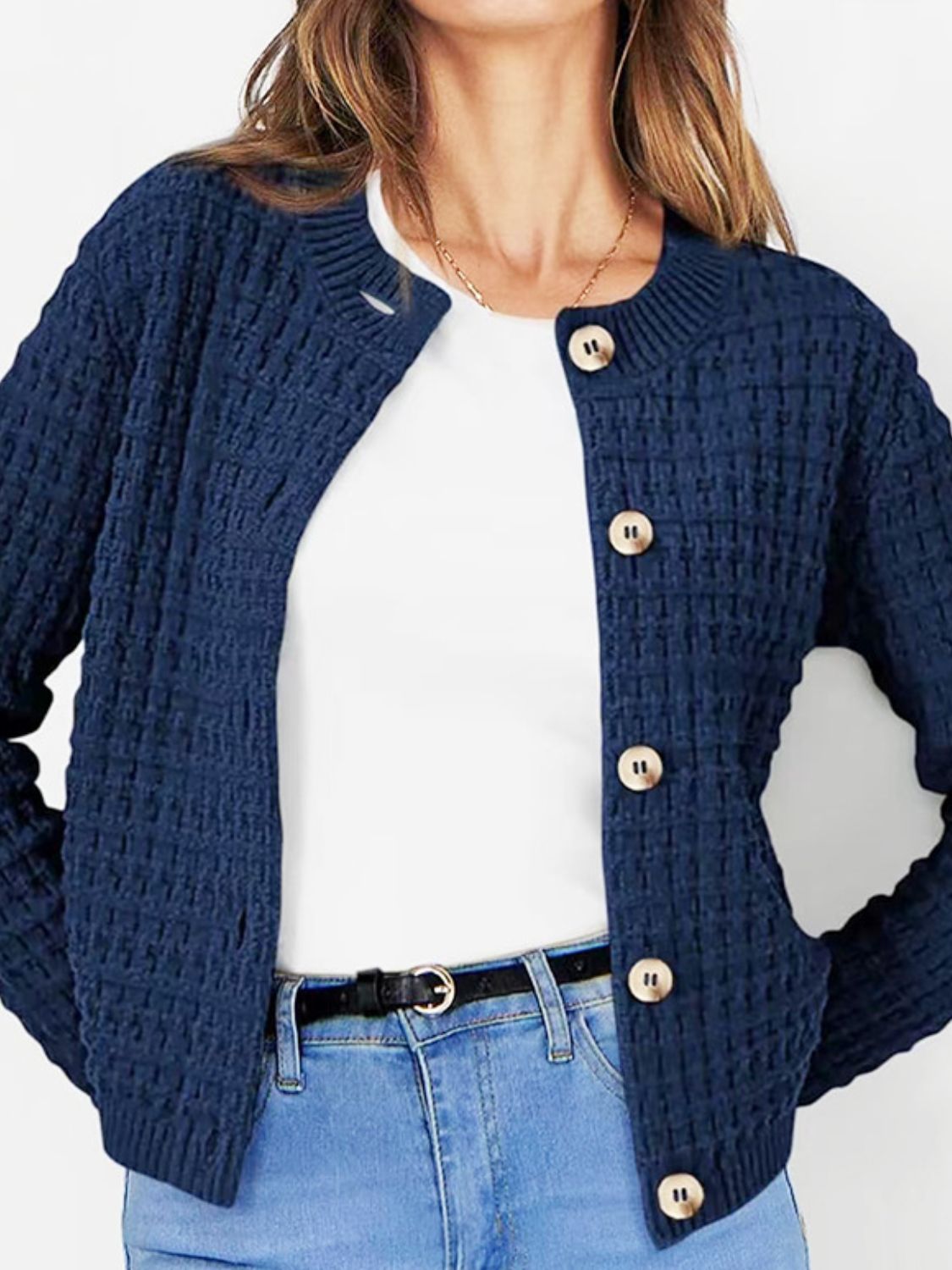 Button Up Round Neck Long Sleeve Cardigan  Trendsi Navy S 