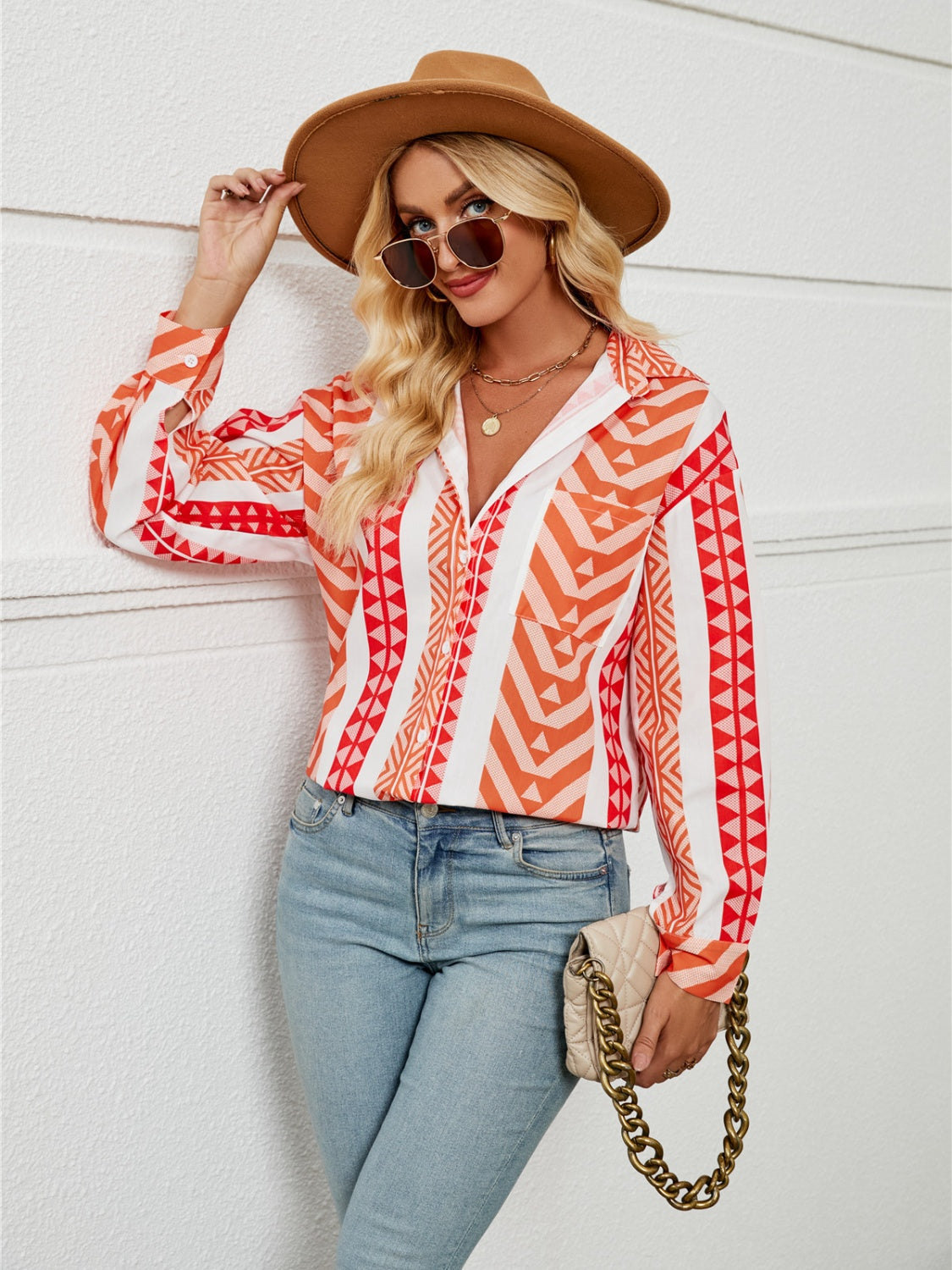 Geometric Collared Neck Long Sleeve Shirt  Trendsi   