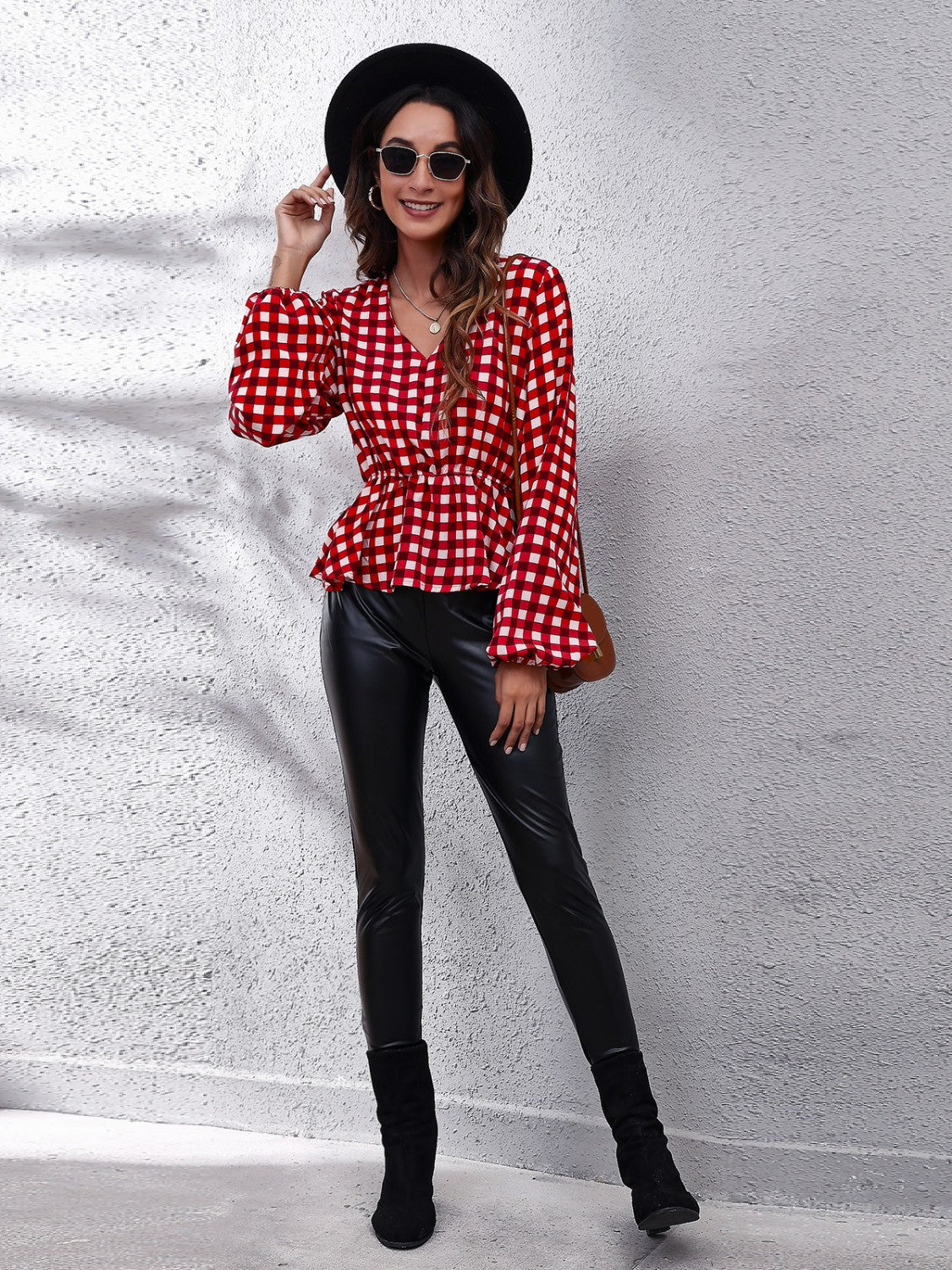 Plaid V-Neck Balloon Sleeve Peplum Blouse Blouse Trendsi   