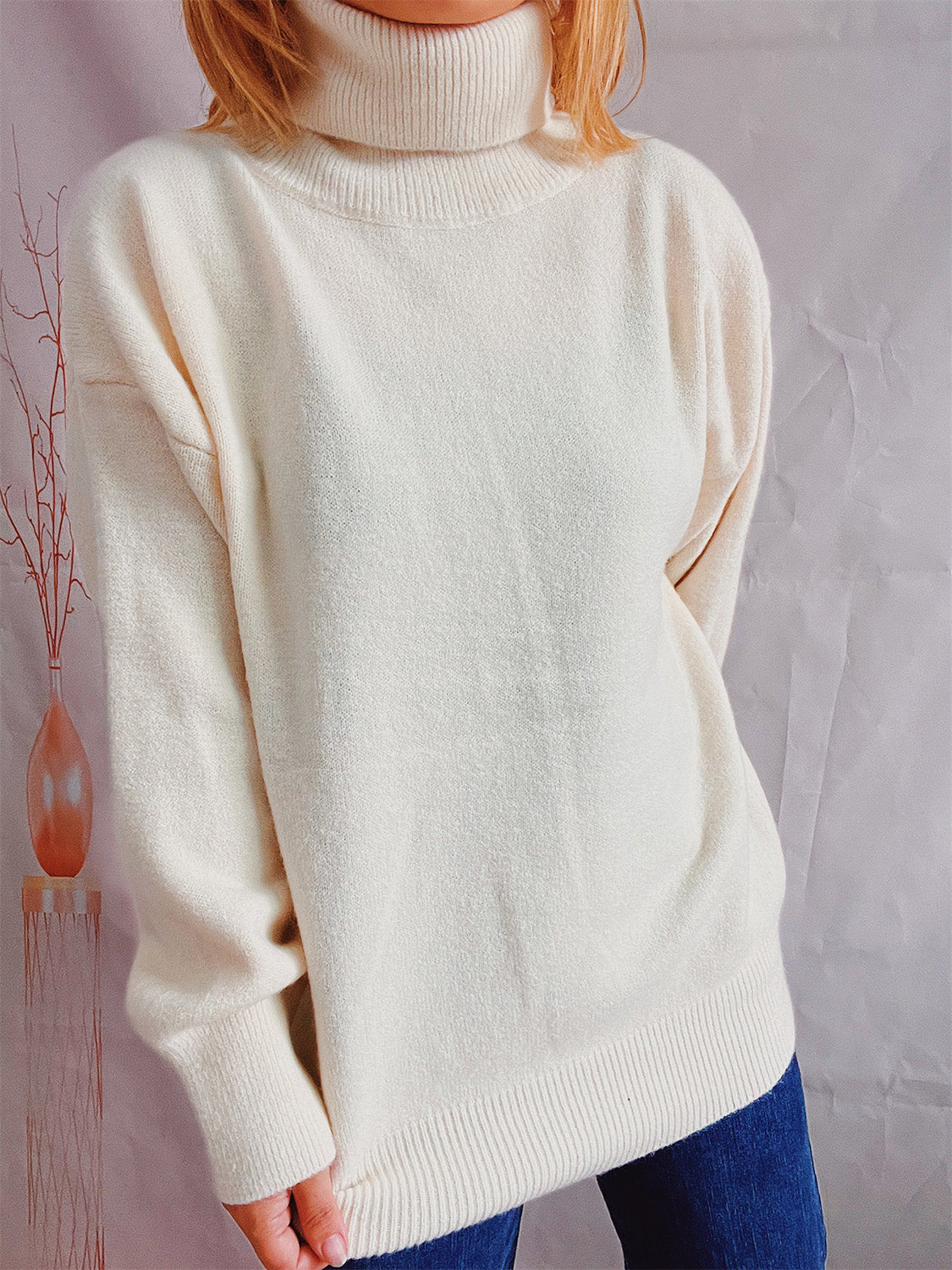 Turtleneck Long Sleeve Sweater  Trendsi Cream One Size 