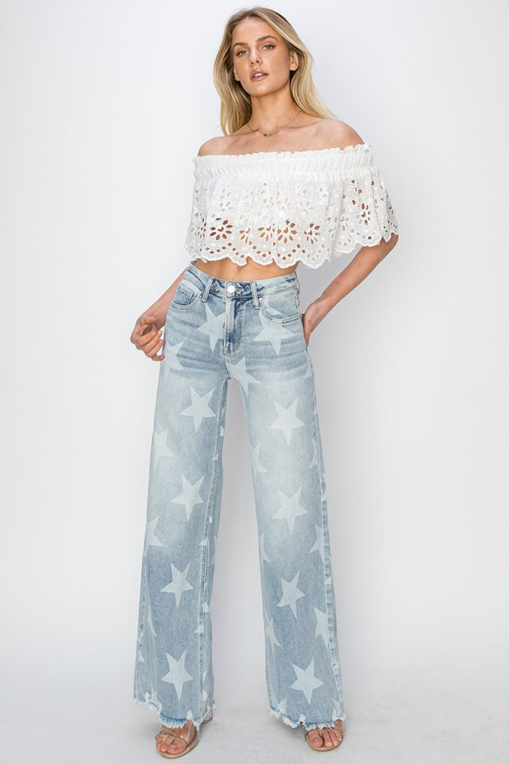 RISEN Full Size Raw Hem Star Wide Leg Jeans  Trendsi   