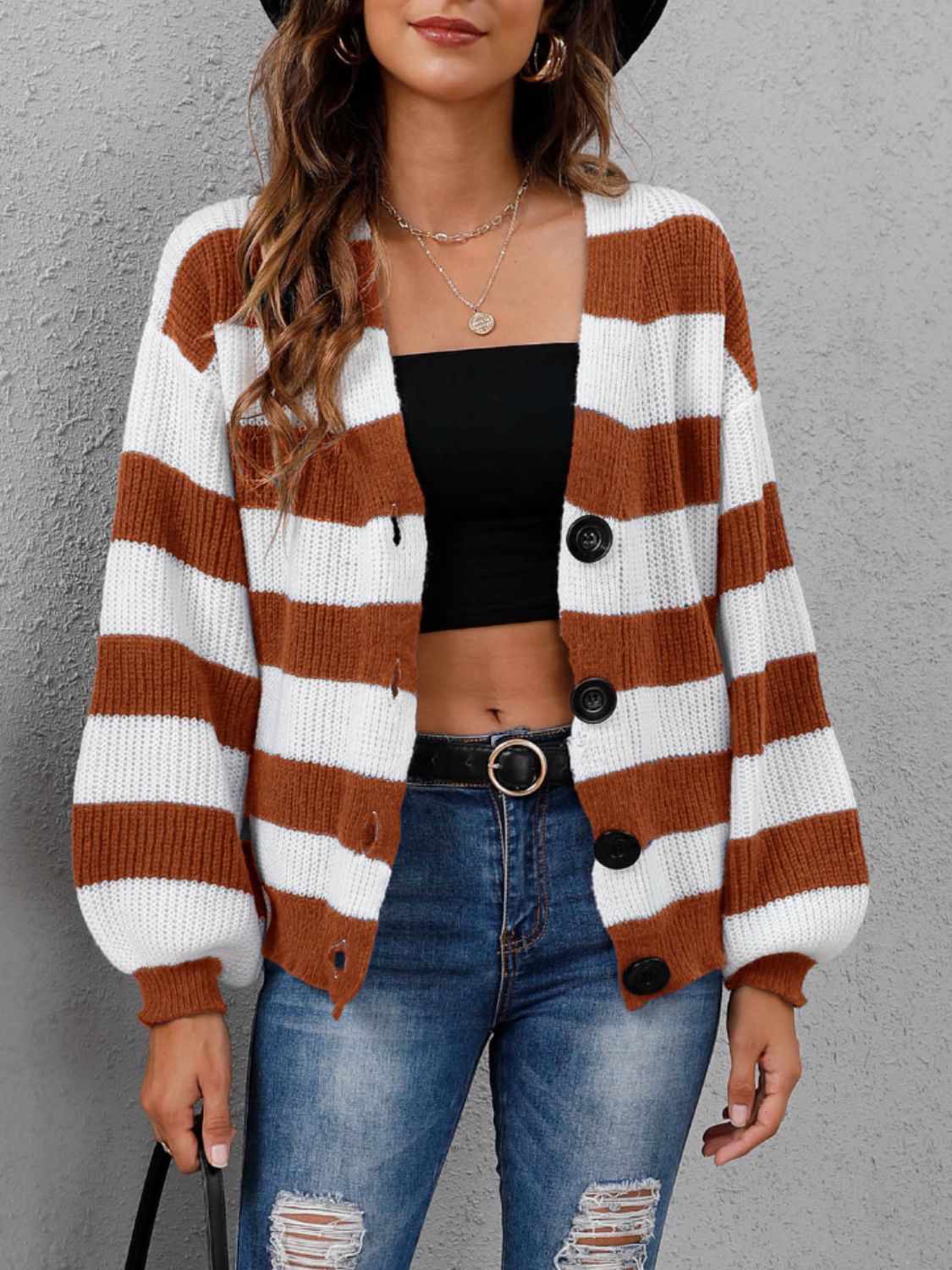 Striped Button Up Long Sleeve Sweater  Trendsi   