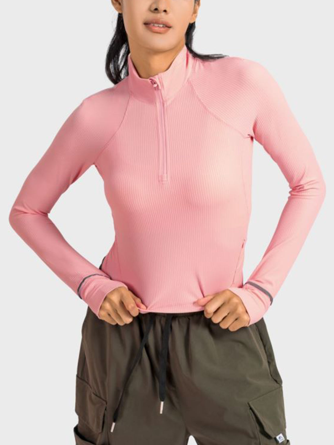 Millennia Mock Neck Half Zip Long Sleeve Sport Top  Trendsi Blush Pink 4 