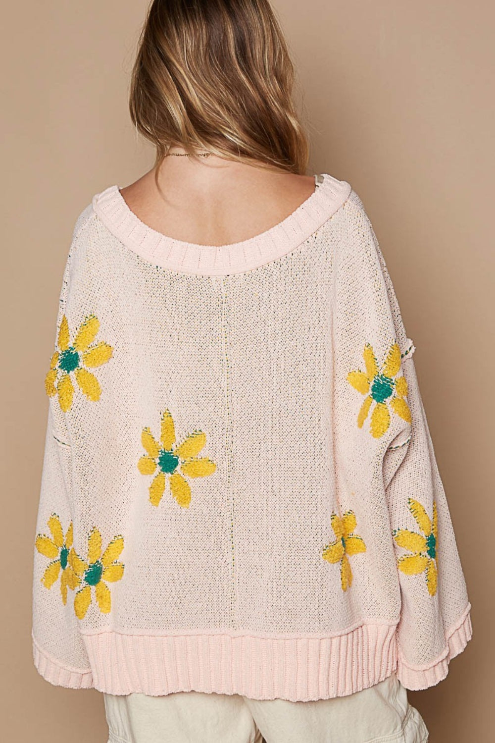 POL V-Neck Floral Pattern Chenille Sweater  Trendsi   