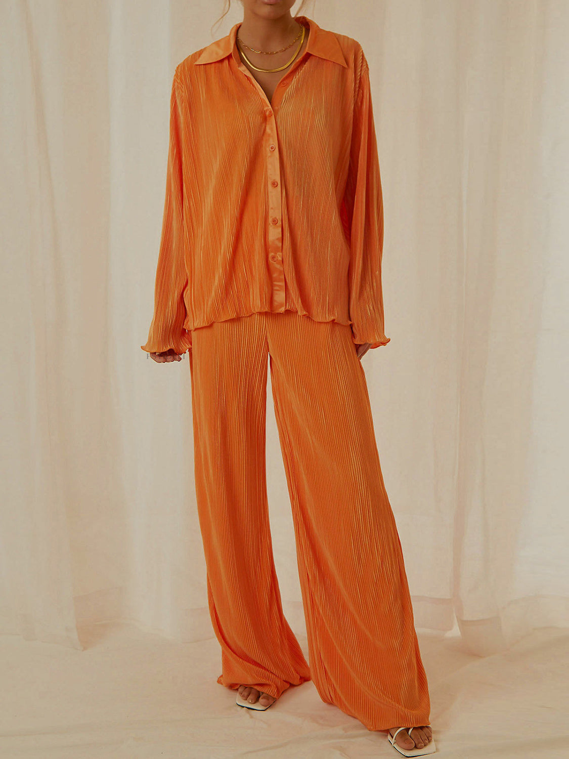 Collared Neck Long Sleeve Top and Pants Lounge Set  Trendsi Orange S 