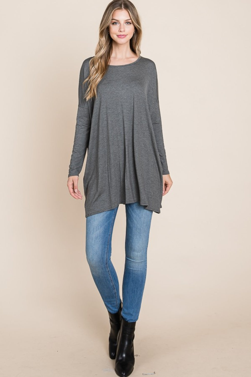 BOMBOM Round Neck Long Sleeve Oversized Top  Trendsi   