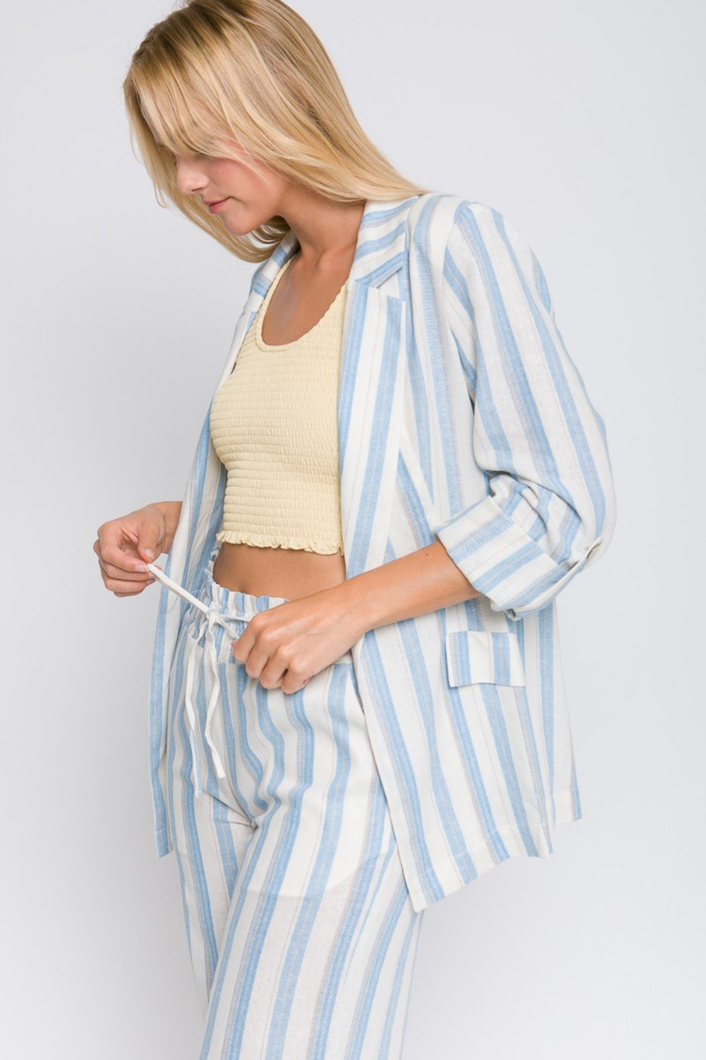 Love Tree Linen Woven Striped Blazer  Trendsi   