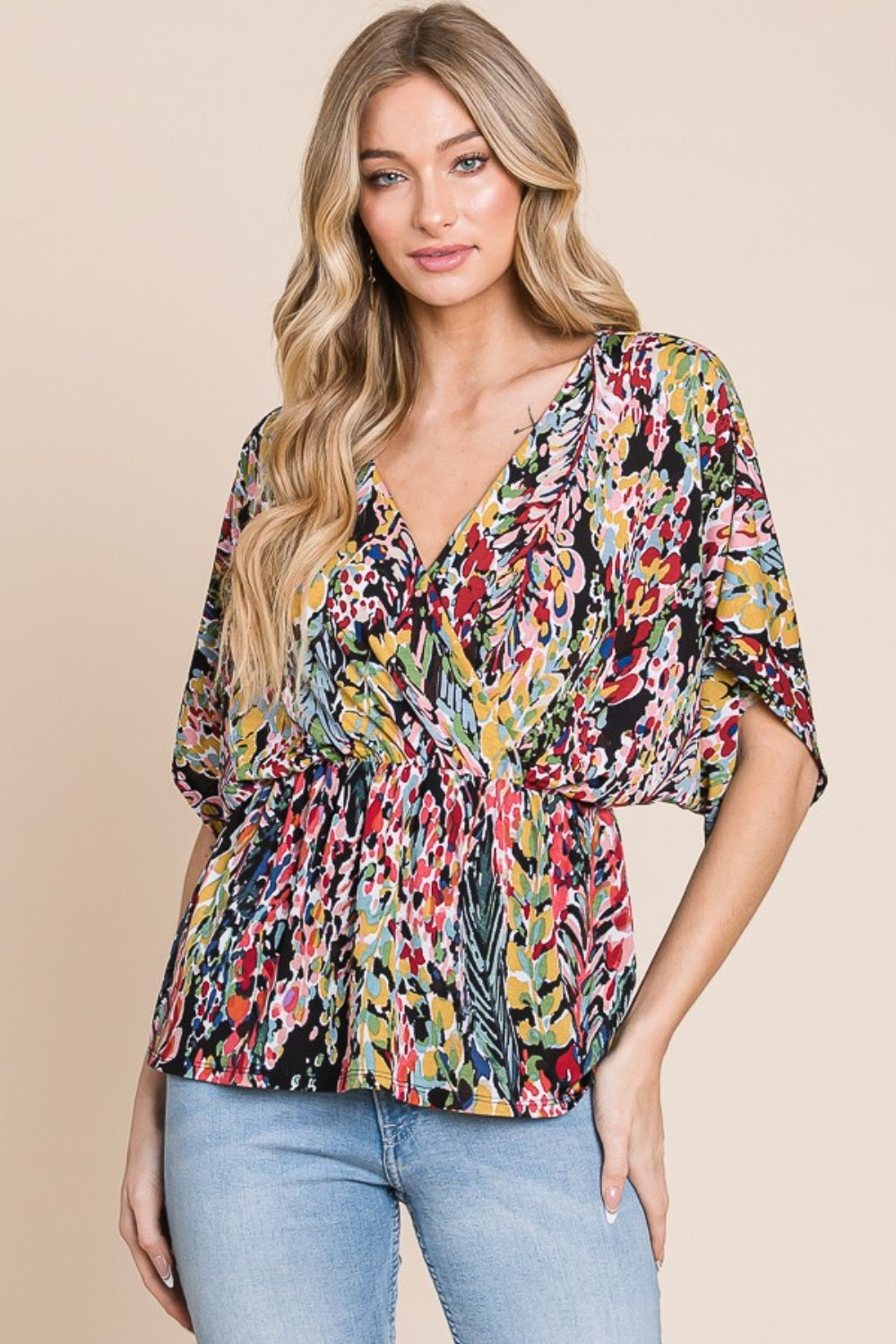 BOMBOM Printed Surplice Peplum Blouse  Trendsi   