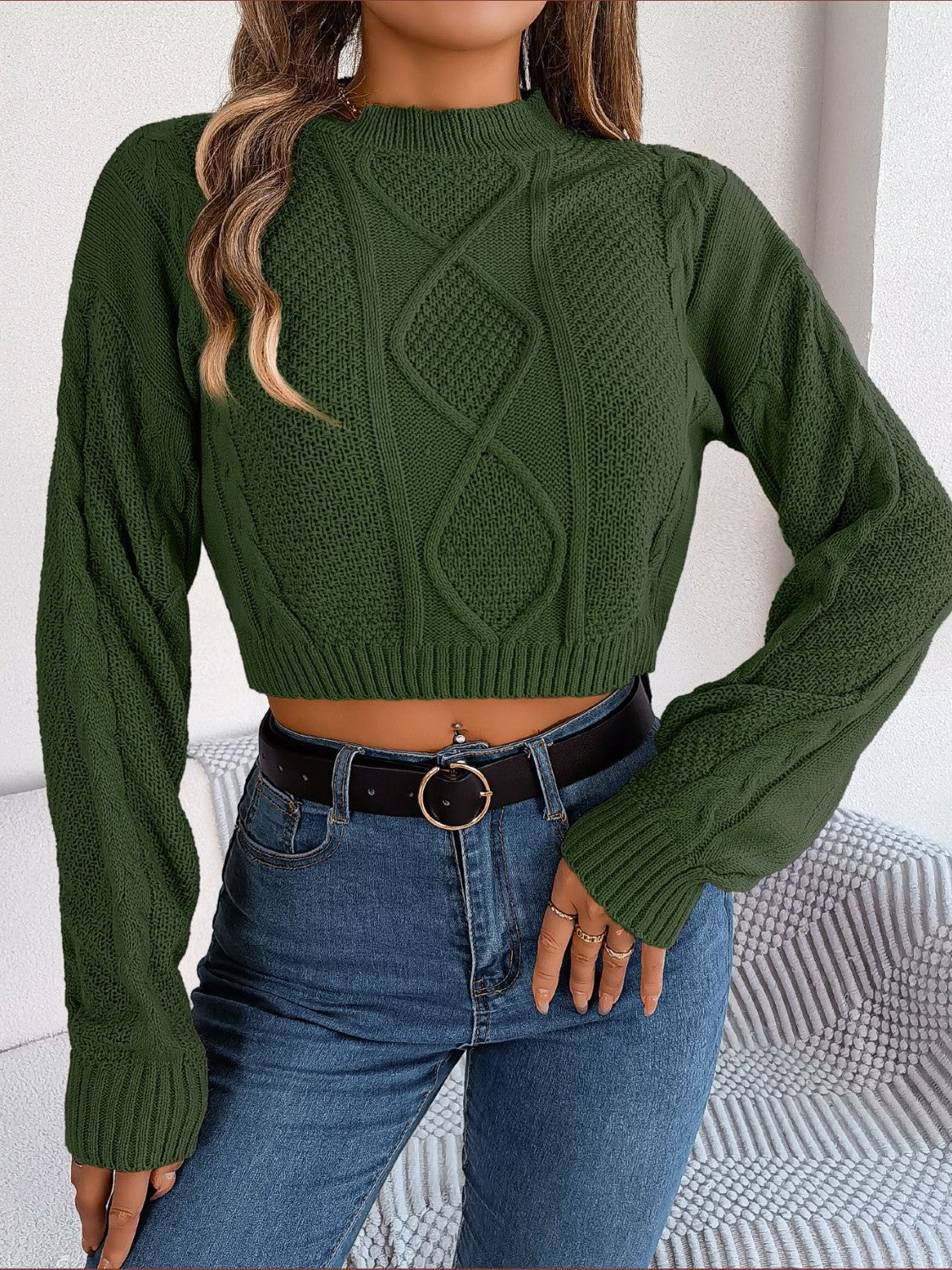 Cable-Knit Round Neck Cropped Sweater  Trendsi Army Green S 