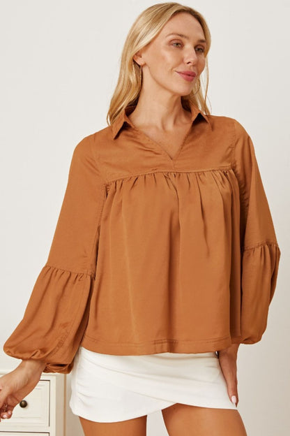 Balloon Sleeve Collared Neck Blouse Blouse Trendsi   