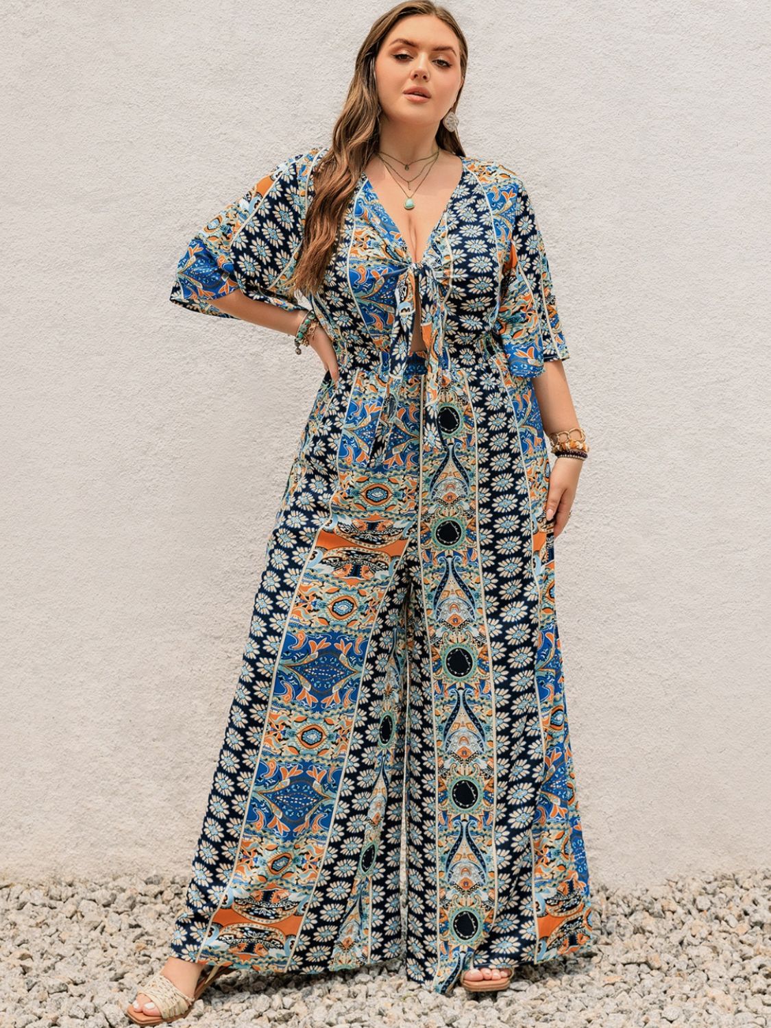 Plus Size Printed Half Sleeve Wide Leg Jumpsuit  Trendsi   