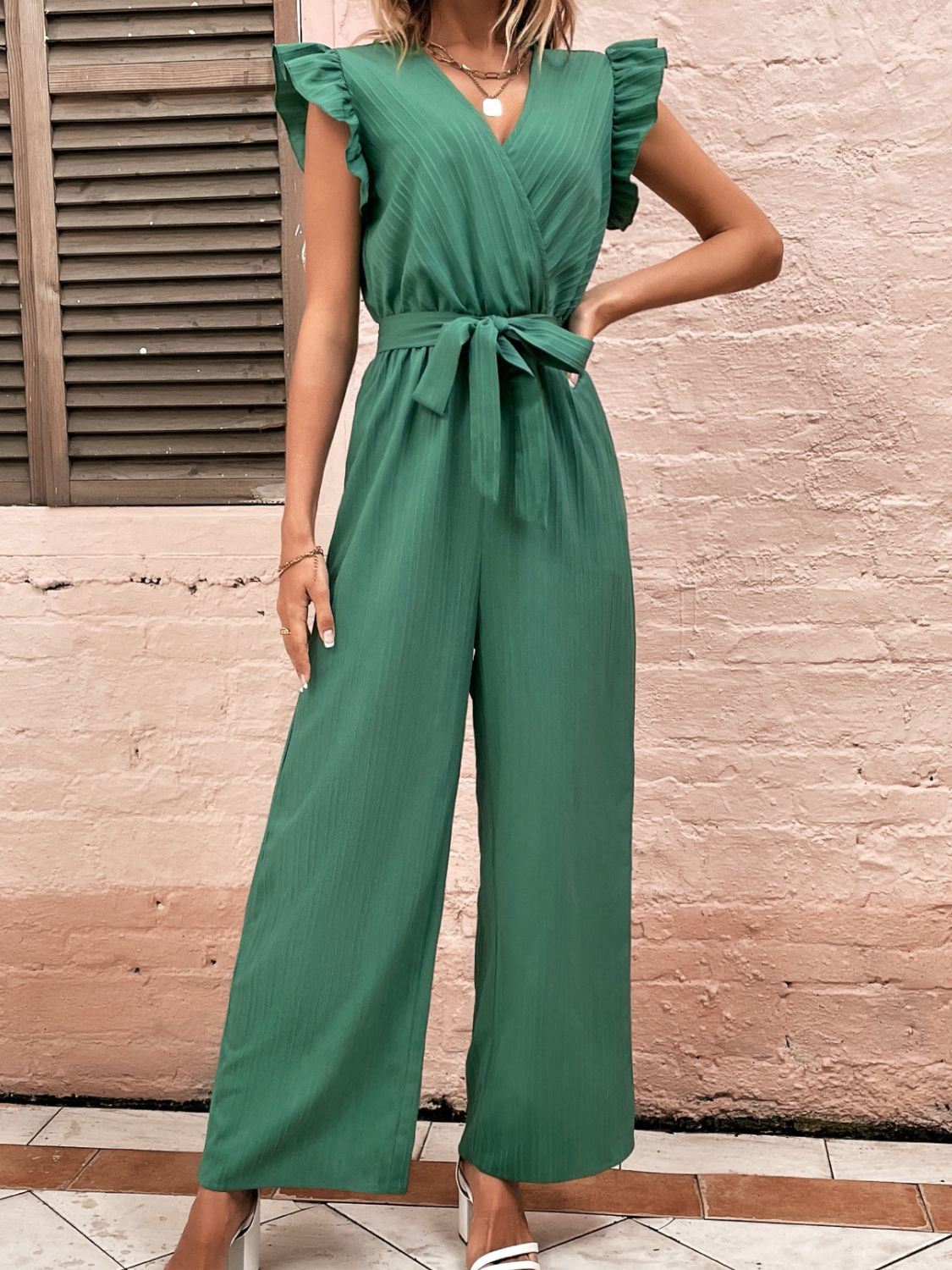 Ruffled Surplice Cap Sleeve Jumpsuit  Trendsi Dark Green S 