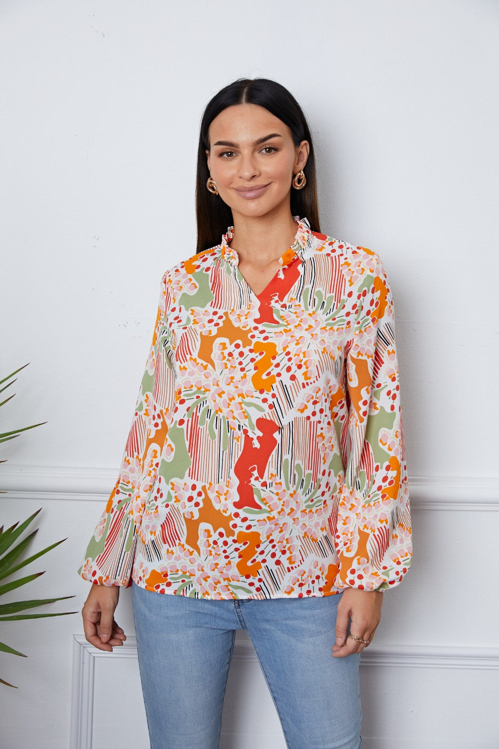 Floral Frill Notched Long Sleeve Blouse Blouse Trendsi Multicolor S 