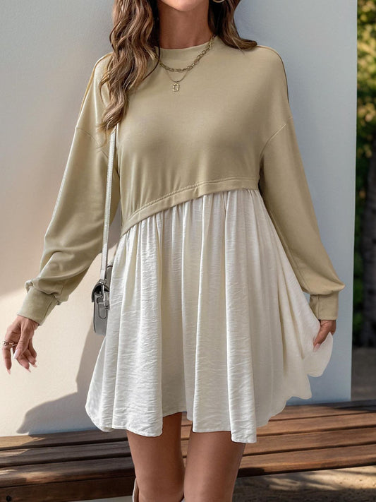 Perfee Contrast Round Neck Long Sleeve Mini Dress  Trendsi Tan S 