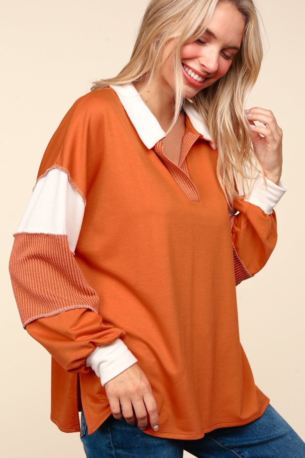 Haptics Color Block Exposed Seam Long Sleeve Top  Trendsi   