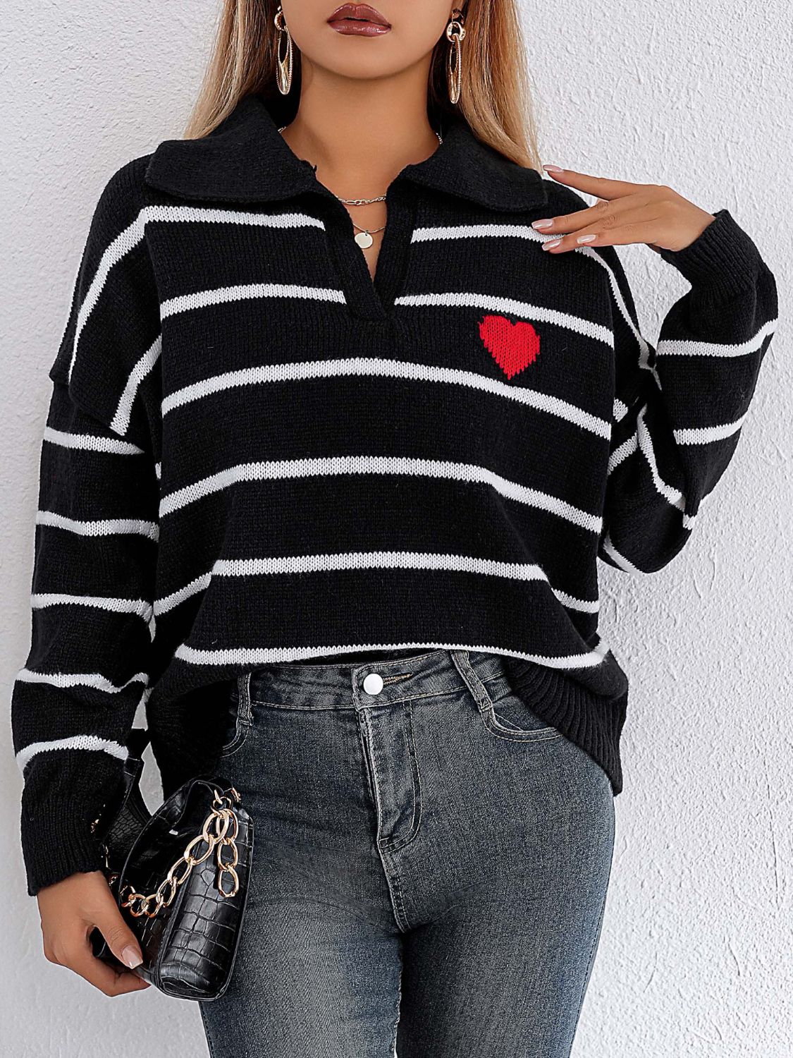 Striped Johnny Collar Long Sleeve Sweater  Trendsi   