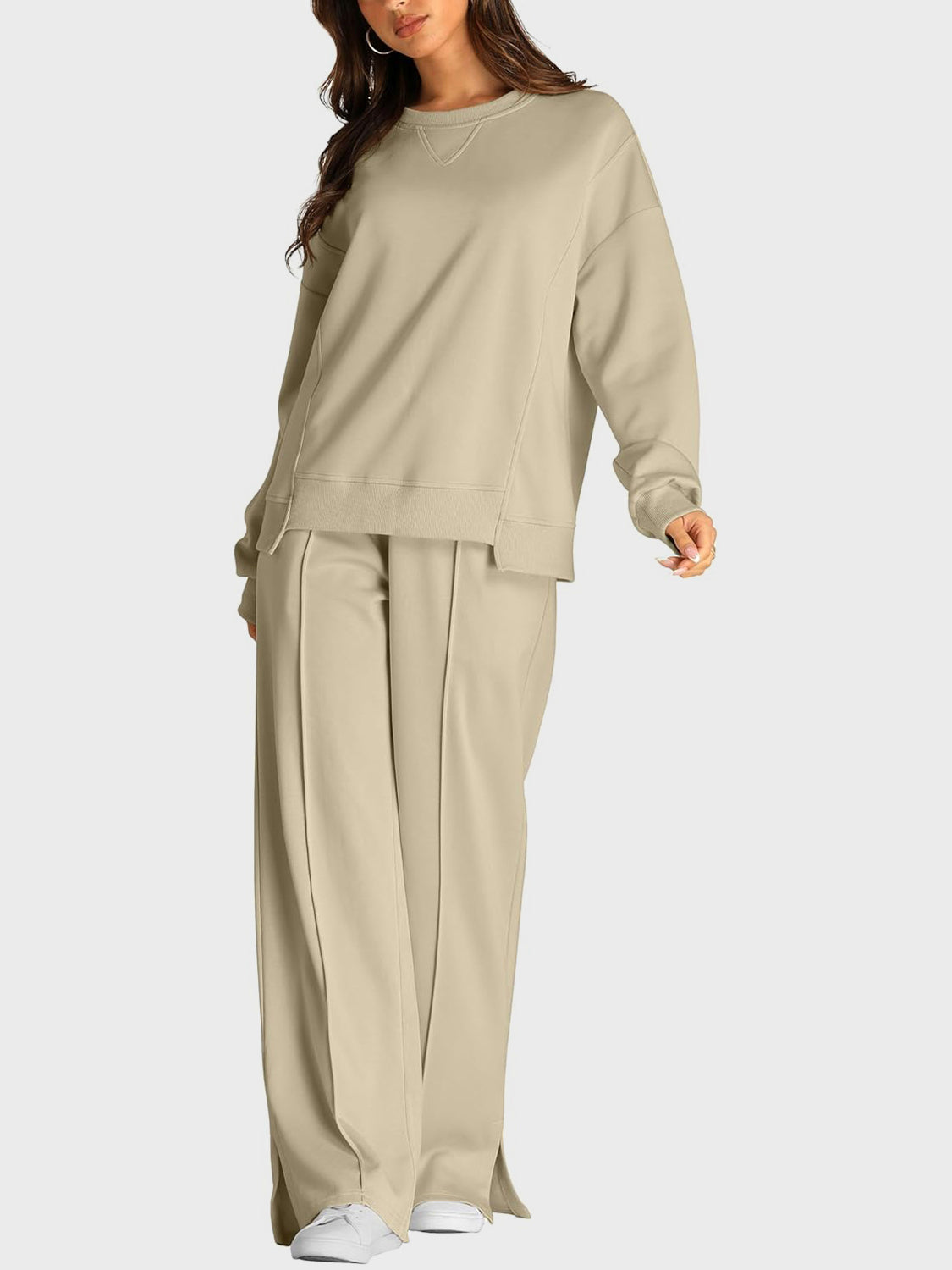 Round Neck Long Sleeve Top and Slit Pants Set  Trendsi Khaki S 