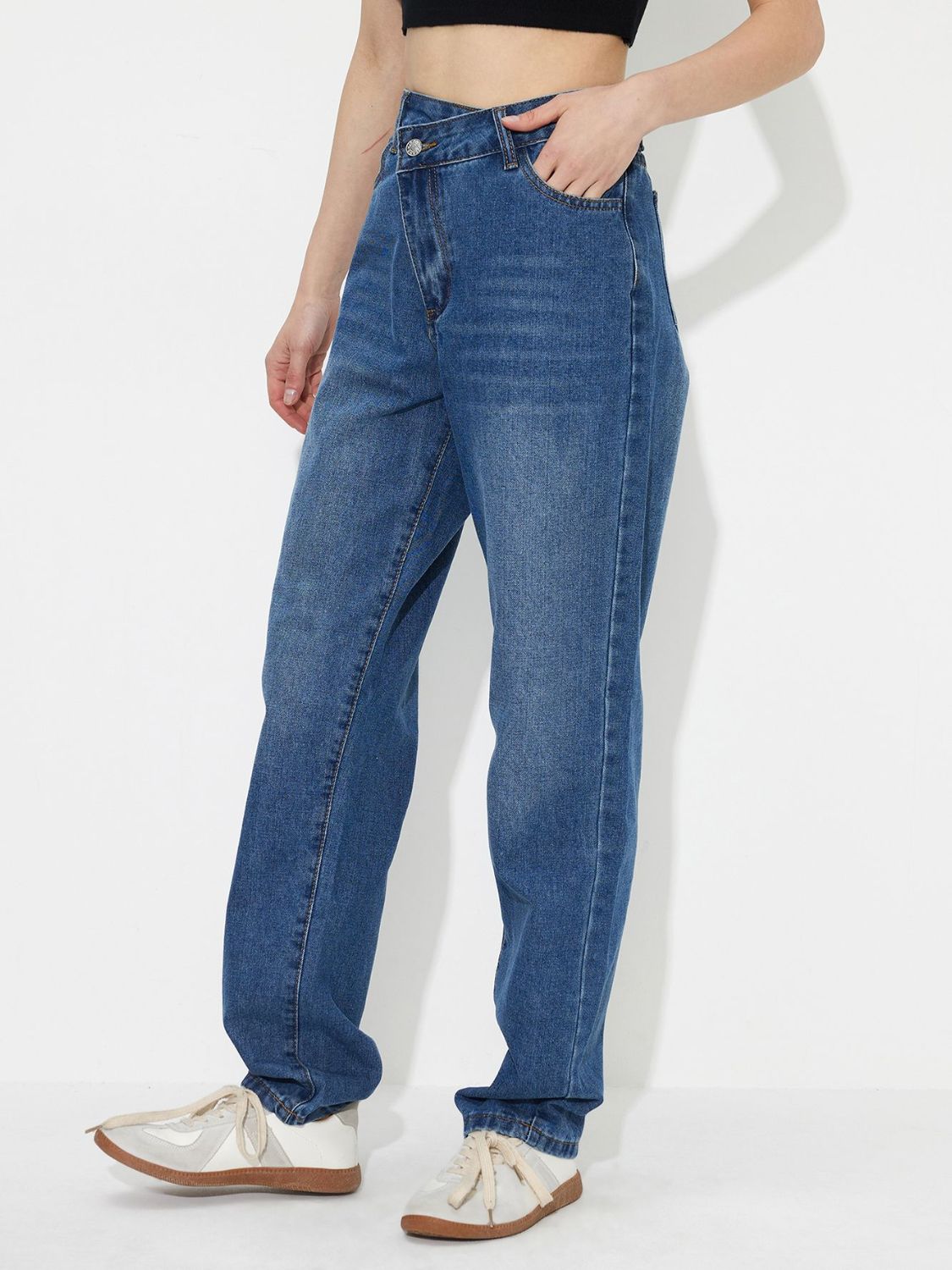 Asymmetric Waist Jeans with Pockets  Trendsi   