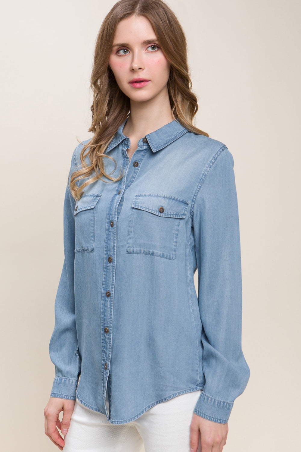 Love Tree Scooped Hem Button Up Denim Shirt  Trendsi   