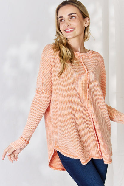 Zenana Oversized Washed Waffle Long Sleeve Top Blouse Trendsi   