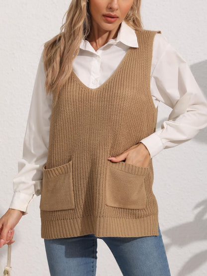 Pocketed V-Neck Sweater Vest  Trendsi Camel One Size 