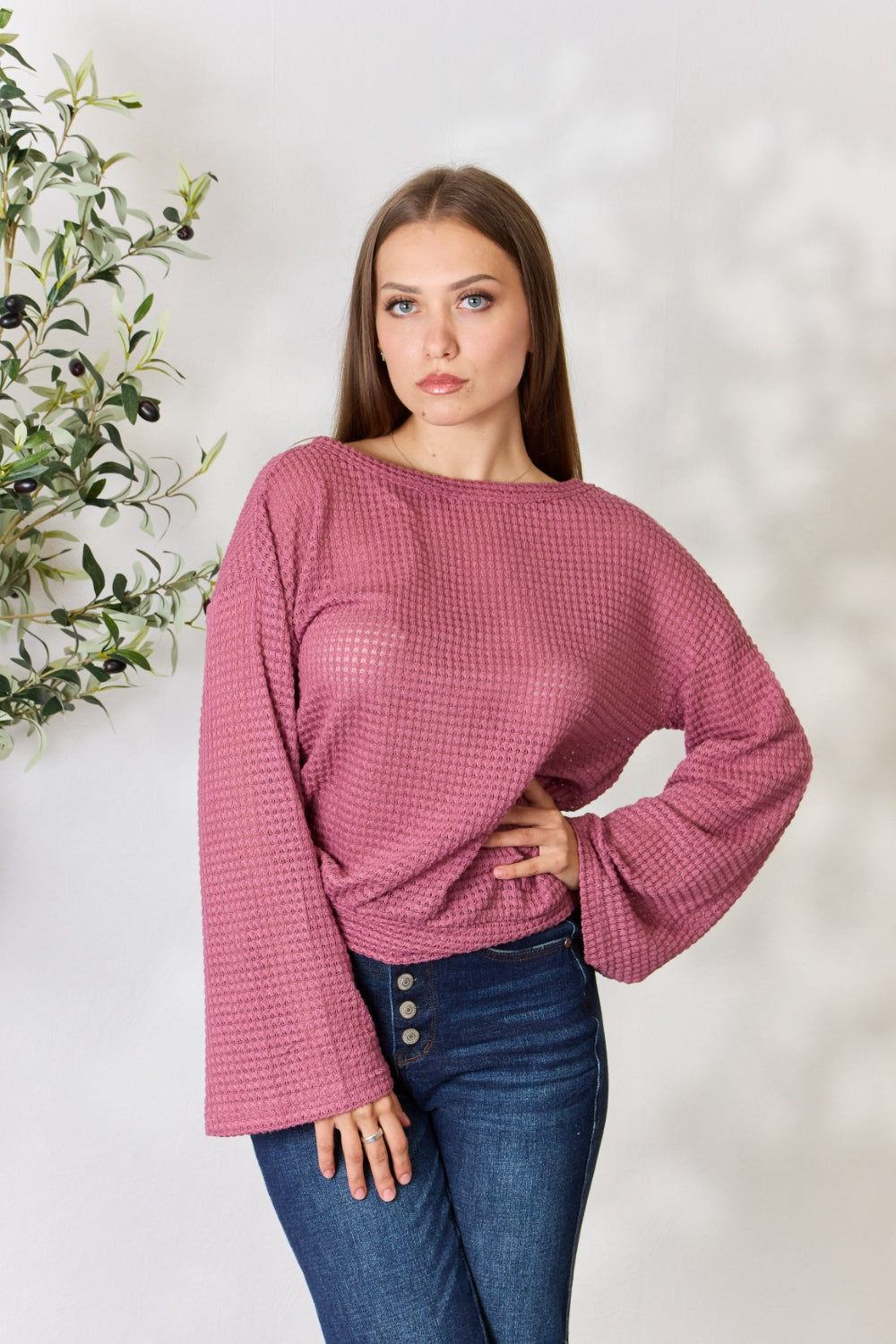 Culture Code Full Size Waffle-Knit Round Neck Long Sleeve Blouse Blouse Trendsi DARK ROSE S 