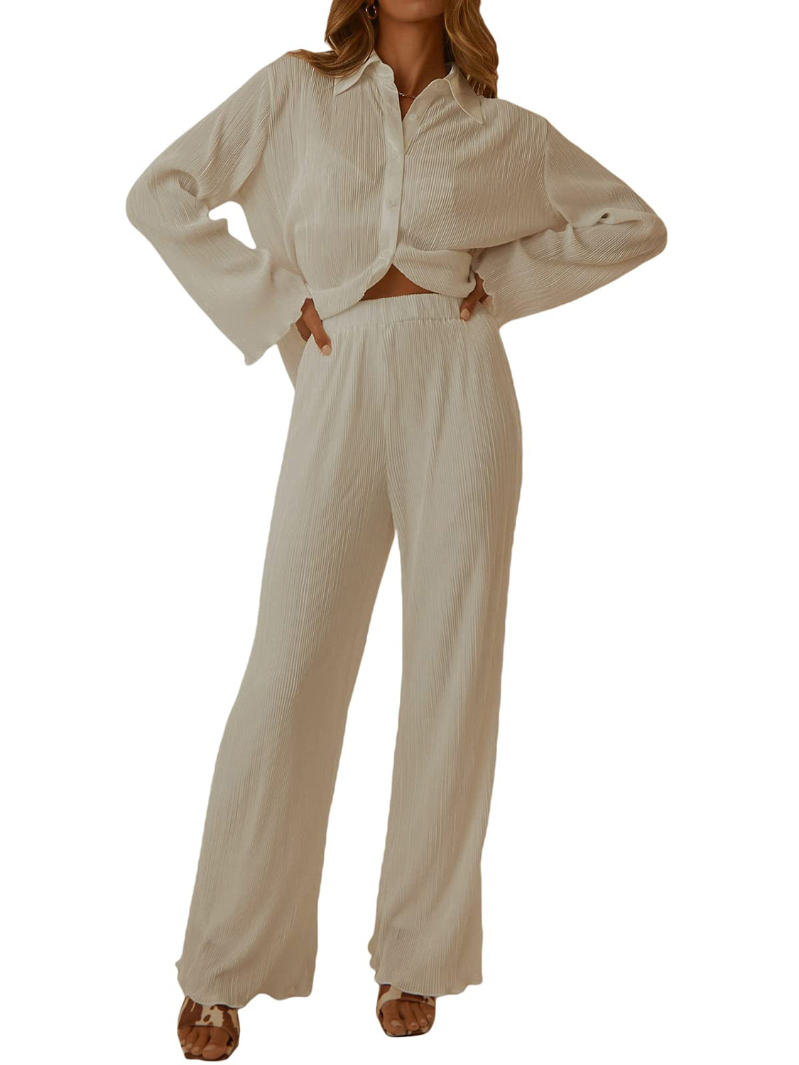 Collared Neck Long Sleeve Top and Pants Lounge Set  Trendsi   