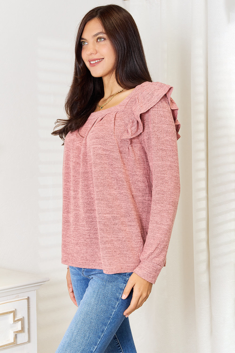 Double Take Square Neck Ruffle Shoulder Long Sleeve T-Shirt Sale Trendsi   