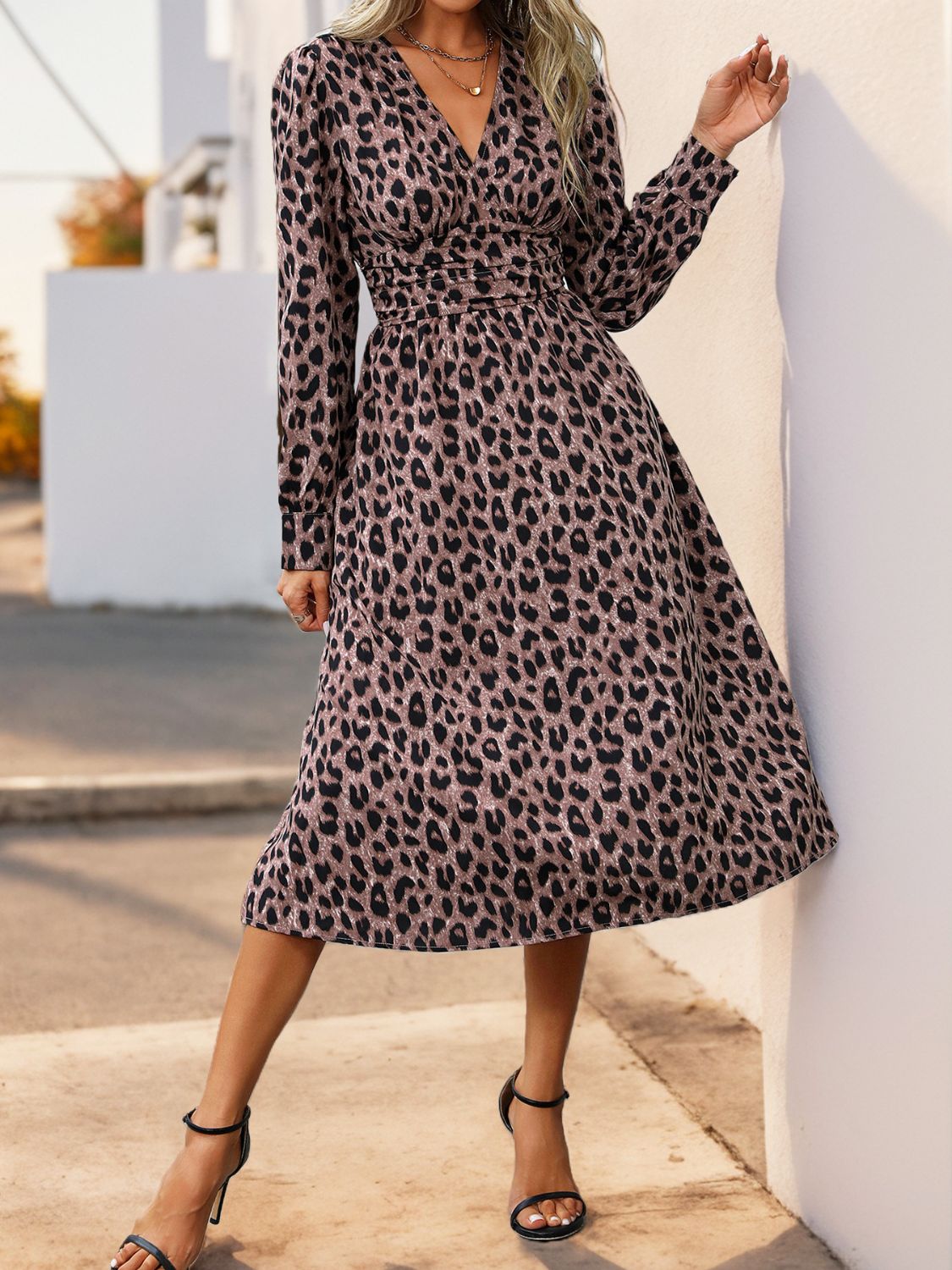 Perfee Leopard Surplice Long Sleeve Midi Dress  Trendsi   