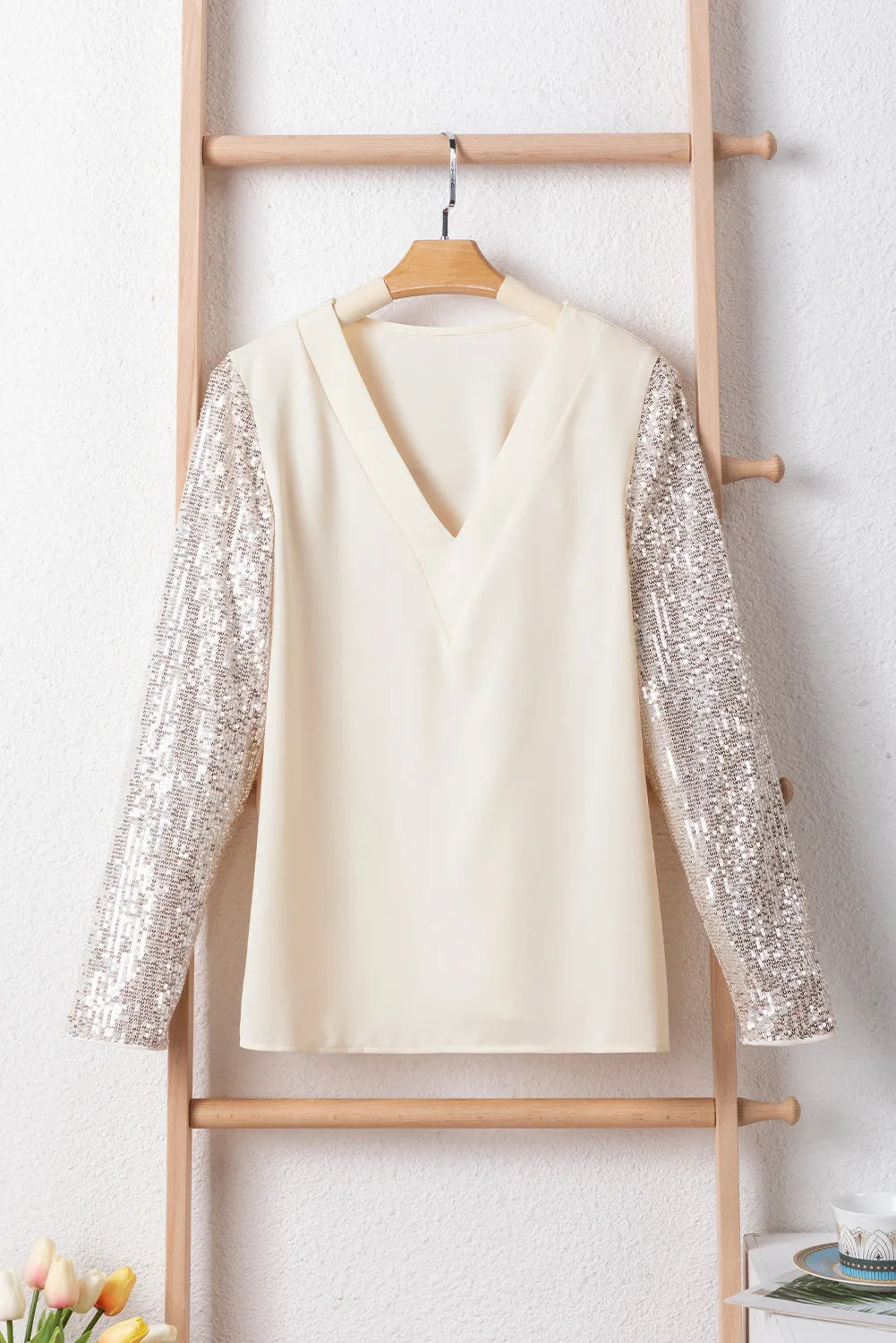 Sequin V-Neck Long Sleeve Blouse Blouse Trendsi   