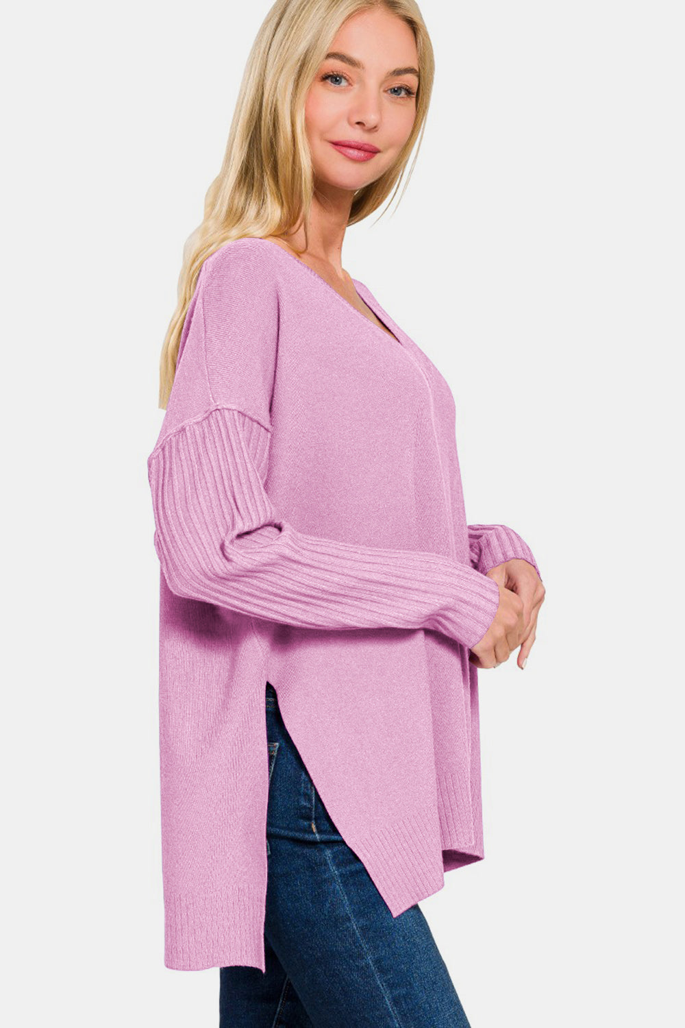 Zenana V-Neck Side Slit High-Low Sweater  Trendsi   