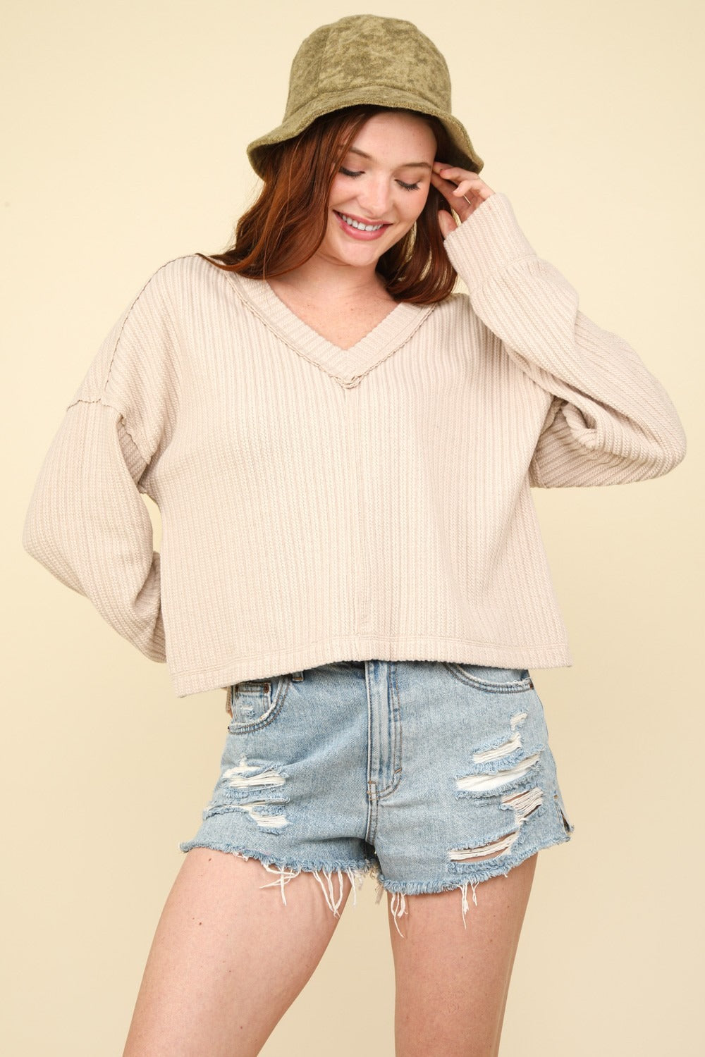 VERY J Exposed Seam V-Neck Ribbed Knit Top Luxe Trendsi   