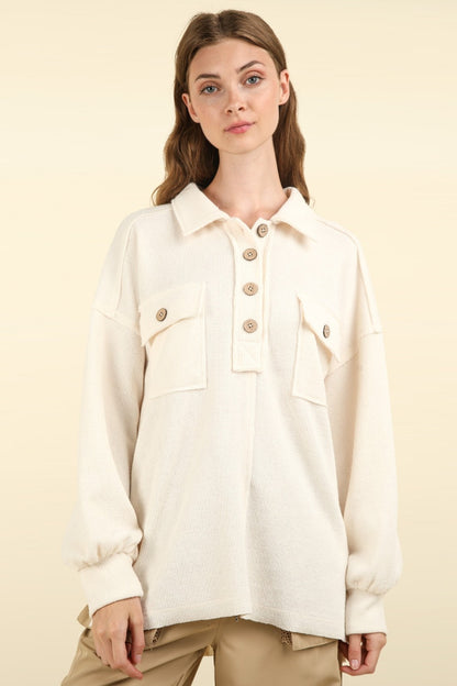 VERY J Collared Half Button Knit Top with Pockets Luxe Trendsi Cream S 